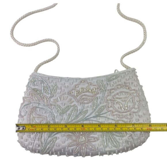 Vintage White Beaded Evening Bag With Floral Embroidery & Rope Strap - Picture 10 of 13